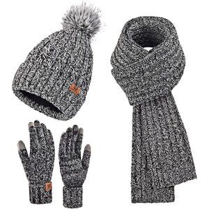 Women’s Black White Winter Beanie Hat Scarf & Touchscreen Gloves 3-in-1 Gift